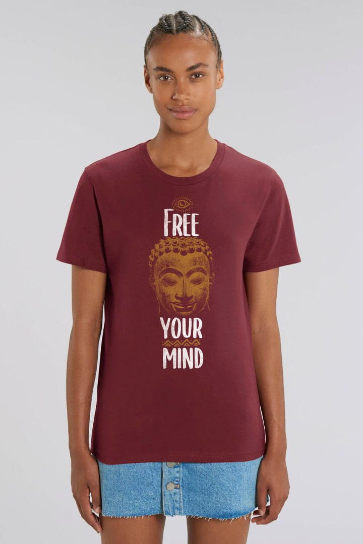 Free your Mind Buddha T-Shirt - Spirituelles Yoga-Shirt aus Bio-Baumwolle bordeaux