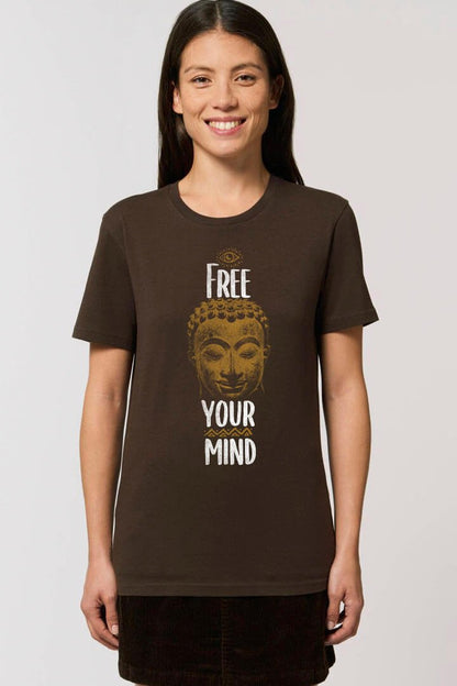 Inspirierender Buddha-Aufdruck auf ökologischem Meditations-T-Shirt chocolate