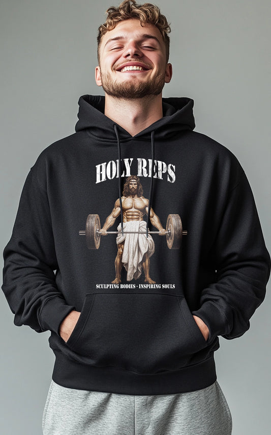 schwarzer Unisex Hoodie Holy Reps Jesus als Bodybuilder