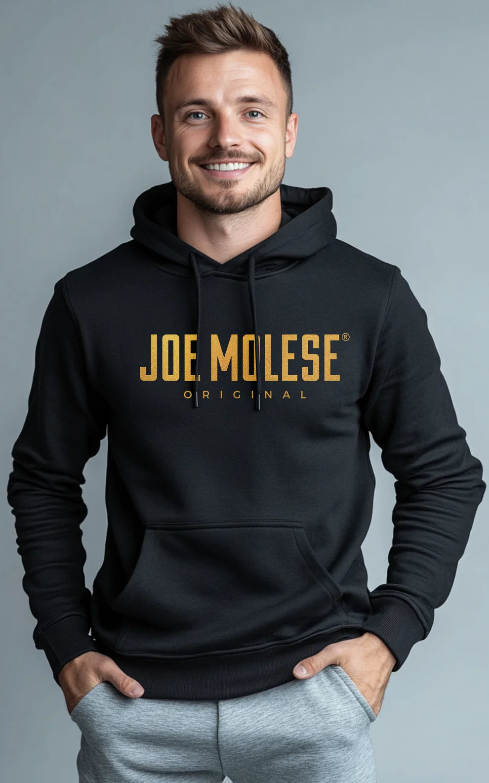 Schwarzer JOE MOLESE Unisex Hoodie Kapuzenpullover mit goldenem Aufdruck