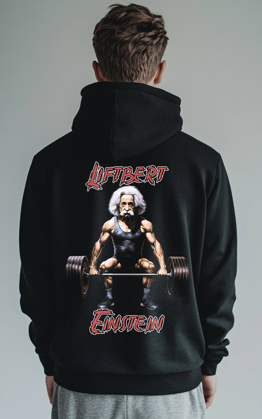 schwarzer Liftbert Einstein Hoodie Backprint Einstein als Bodybuilder lustiger Meme Hoodie