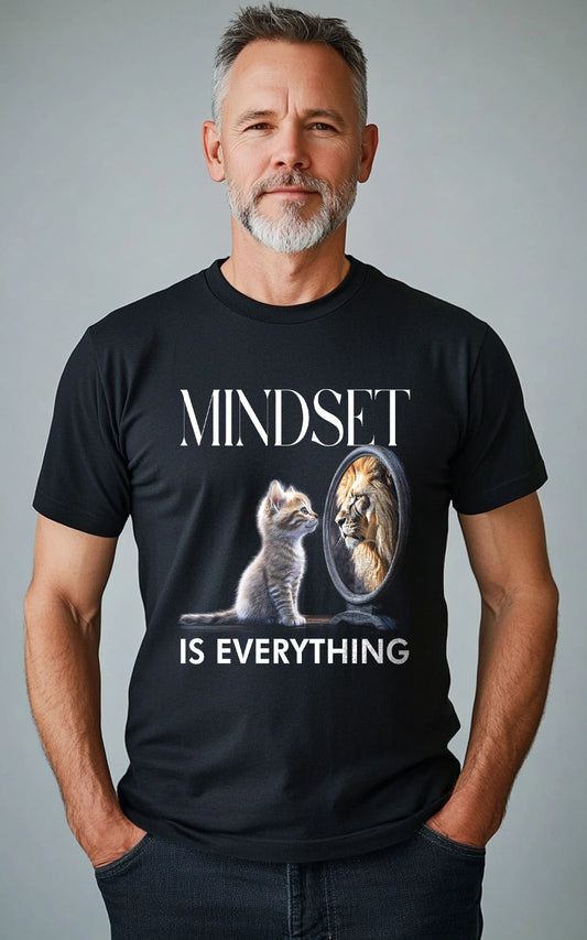 Motivation T-Shirt mit Katze-zu-Löwe Design, 'Mindset is Everything' Aufdruck