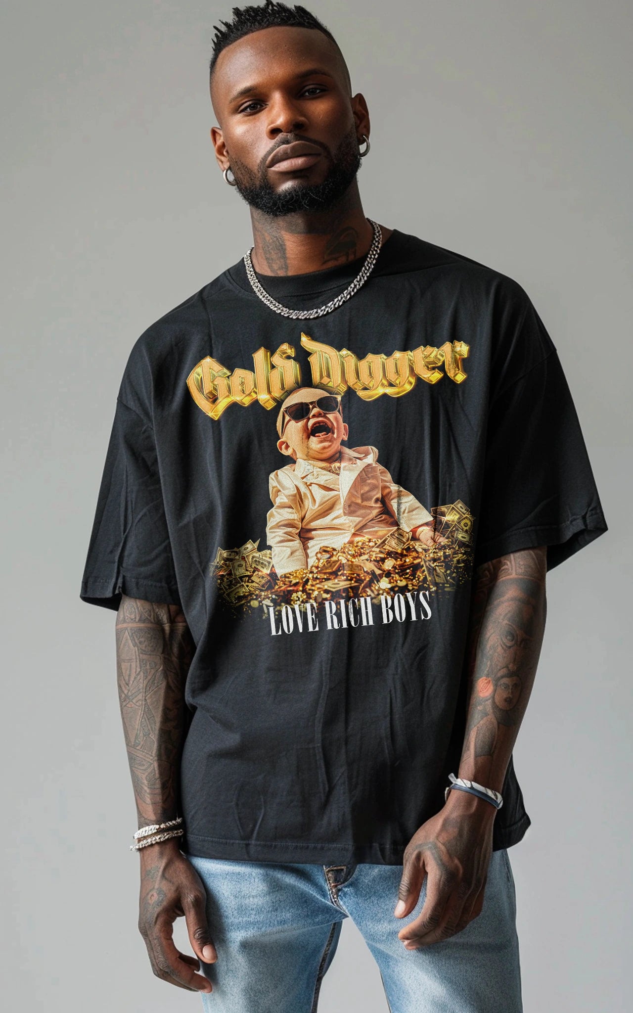 schwarzes Gold Digger T-Shirt Love Rich Boys – Lässiger Streetwear-Style