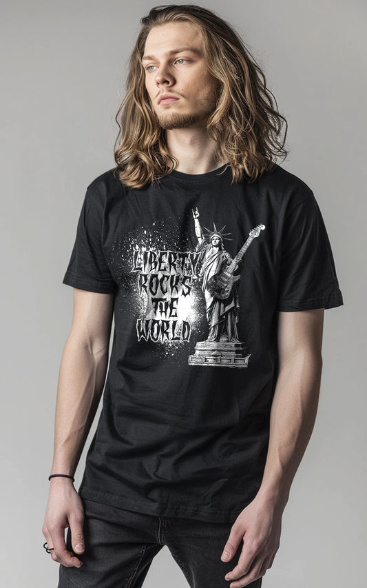 Rock T-Shirt mit Freiheitsstatue als Gitarrenspieler – Liberty Rocks the World