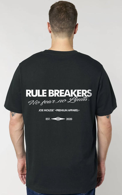 Backprint 'RuleBreakers - no fear no limit' auf schwarzem Bio-T-Shirt