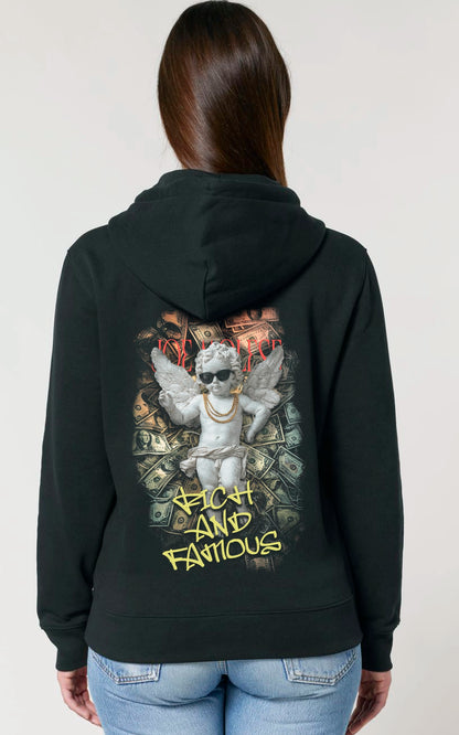 schwarzer Unisex Hoodie Rich and Famous mit Engel Motiv