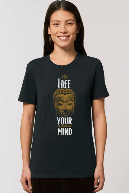 Free your Mind Buddha T-Shirt - Spirituelles Yoga-Shirt aus Bio-Baumwolle schwarz